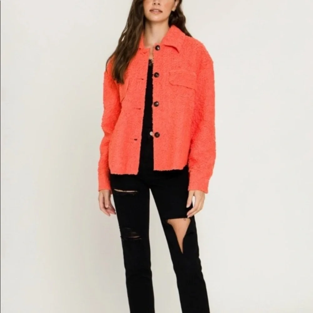 Endless Rose Teddy Shacket, Coral Colored, Size Large, Button Up, Side Slits - Picture 3 of 13